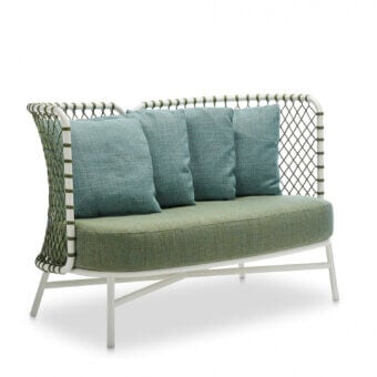 Superior Roberti Rattan Charme sofa crafted with white powder-coated steel and woven Flat Trendyrope with muted green and cool blue cushions