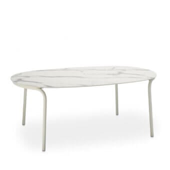 Superior Roberti Rattan Charme table with oval grey veined HPL top and sinuous powder-coated 304 steel base
