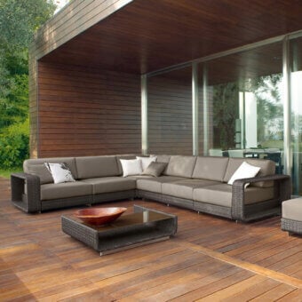 Elegant Roberti Rattan Hamptons sectional sofa with a durable aluminum frame and woven Sunweave material in neutral gray tones
