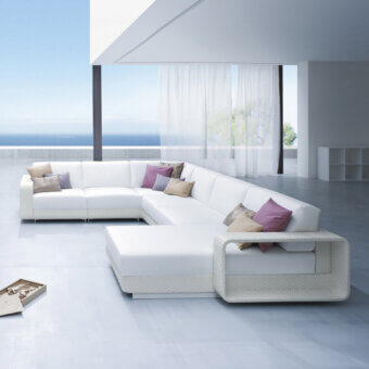 Distinguished Roberti Rattan Hamptons sectional sofa with durable aluminum frame and woven Sunweave in all-white finish