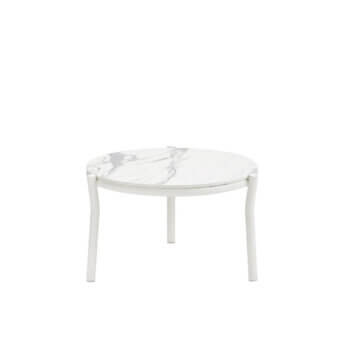 Distinguished Roberti Rattan Lipari side table with white HPL tabletop and powder-coated aluminum base crafted in Italy