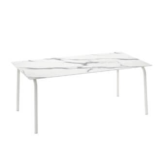 Superior Roberti Rattan Lipari table with durable HPL tabletop and powder-coated 304 stainless steel base in glossy white finish