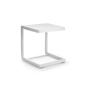 Distinguished Roberti Rattan Samba Rio side table with powder-coated aluminum frame and aluminum slat top built in a minimalist aesthetic