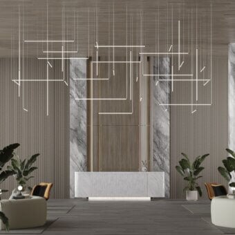 Distinguished Stillux Line 14 suspension lamp with interconnected LED tubes delivering warm diffused illumination in a minimalist architectural layout