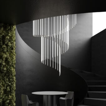 Exclusive Stillux Line 16 suspension lamp with seventy-five vertical metal elements and smooth matte white finish
