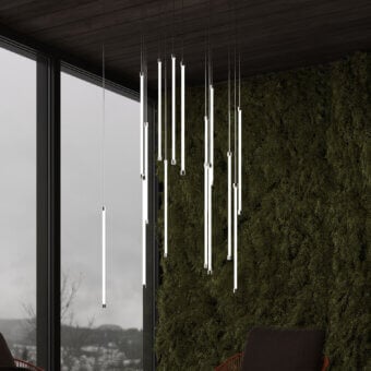 Distinguished Stillux Line 18 suspension lamp with fifteen vertical LED tubes in light gray satin-finish metal creating diffused illumination