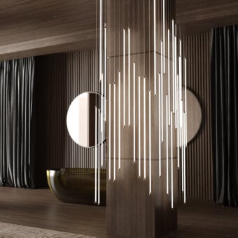 Elegant Stillux The Line 20 suspension lamp crafted in satin-finish wood emits a warm white glow for contemporary interiors