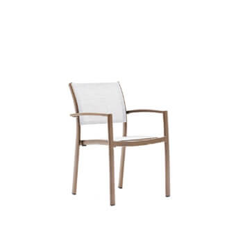 Distinguished Varaschin Victor armchair with light bronze metal and durable light beige woven textile construction