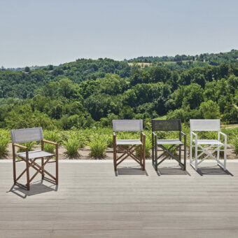 Elegant Varaschin Victor director’s armchair with light grey fabric upholstery and a washed wood frame