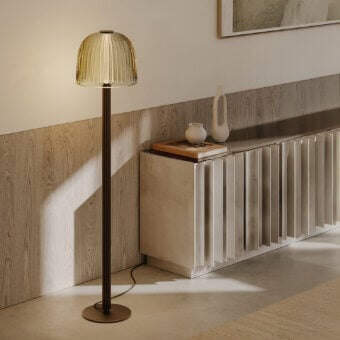 Distinguished VENICEM Augusta floor lamp with warm amber Murano blown glass shade and dark burnished brass structure