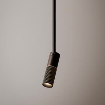 Exceptional VENICEM Beak suspension lamp with adjustable cylindrical head and burnished brass accents in blackened metal