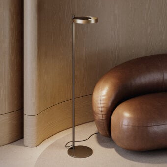 Elegant VENICEM Circle Floor Lamp with a circular lampshade in matte black nickel and burnished brass with a dark gray finish