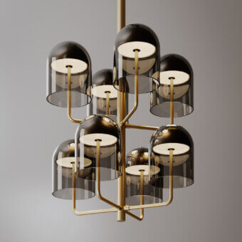 Distinguished VENICEM Doma chandelier crafted in Italy with smoky amber Murano glass shades and satin brass-like tubular metal