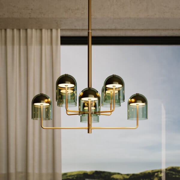 Elegant VENICEM Doma chandelier crafted in Italy with satin brass-toned metal and gradient green Murano glass shades