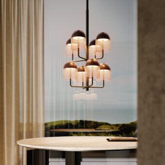 Distinguished VENICEM Doma chandelier crafted in tubular metal with delicate ribbed Murano glass shades and a dark matte finish