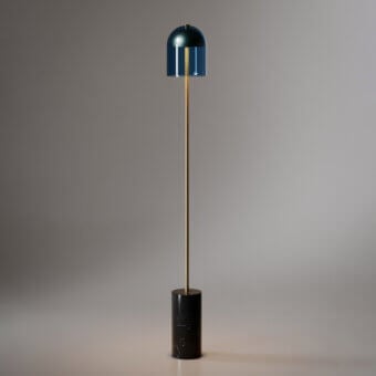 Exclusive VENICEM Doma floor lamp with gold-toned metal stem and dark teal Murano glass shade built with a dark-veined stone base