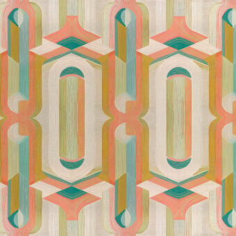 Refined Wall&Decò Ananke wallpaper presents geometric rhythms in teal, ochre, coral, and cream with a luxurious fabric-effect d.TW finish