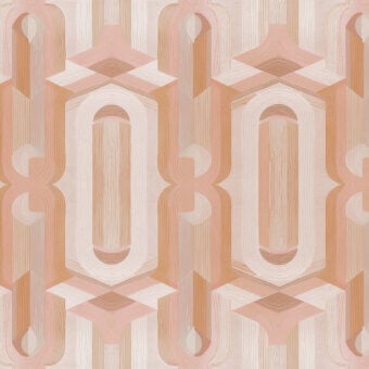 Distinguished Wall&Decò Ananke wallpaper presents intertwining geometric forms in muted terracotta and peach tones with a smooth matte finish