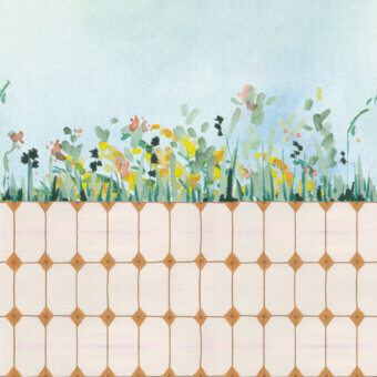 Harmonious Wall&Decò Arduino wallpaper blends botanical artistry with geometric design in pale beige and terracotta with a matte finish