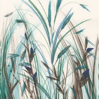 Superior Wall&Decò Arundo wallpaper showcases slender reeds in calming teal and blue-green hues with a painterly, waterproof base