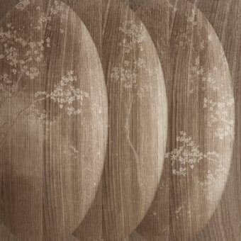 Exceptional Wall&Decò Atmosfere wallpaper with floral details against warm brown wood-grain on sustainable bio-vinyl with d.TW texture