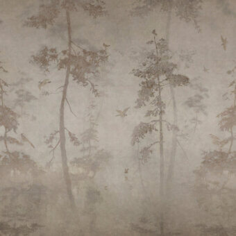 Exceptional Wall&Decò Charme wallpaper with slender trees and delicate birds in muted beige organic bio-vinyl with a subtly textured matte finish