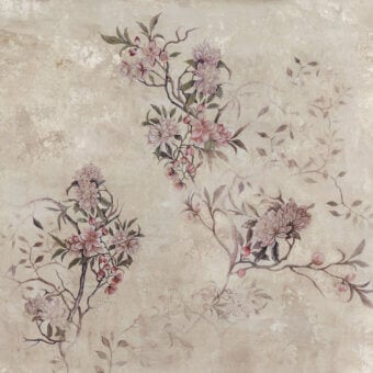 Elegant Wall&Decò Dalida wallpaper with beige floral botanical pattern and pale pink muted green accents in a subtly distressed matte finish