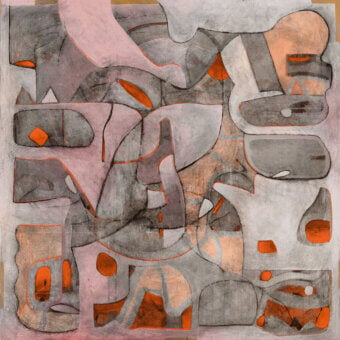 Captivating Wall&Decò Dustpath wallpaper with flowing curves and angular segments in gray, pink, and orange hues on sustainable bio-vinyl with a d.TW finish