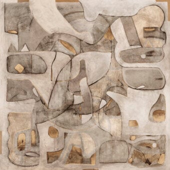 Exclusive Wall&Decò Dustpath wallpaper with abstract organic and geometric forms in off-white, gray, and beige with subtle gold accents and a d.TW finish