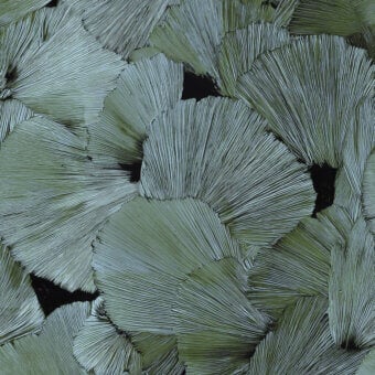 Exceptional Wall&Decò Eternal Beauty Outdoor wallpaper with overlapping leaf pattern in muted sage green fiberglass fabric and transparent finish