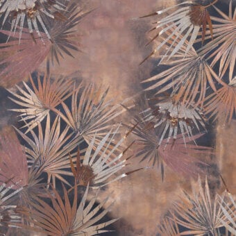 Superior Wall&Decò Evoking wallpaper with stylized rose gold, copper and charcoal gray palm leaves on organic bio-vinyl with d.TW texture finish