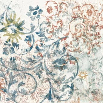 Distinguished Wall&Decò Heritage wallpaper with swirling vines and floral motifs in muted blues, terracotta, ochre, printed on d.ecodura™ bio-vinyl with d.TW finish