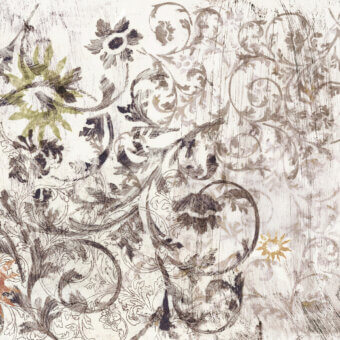Elegant Wall&Decò Heritage wallpaper with ornate floral patterns in muted brown, gray, and beige organic bio-vinyl with a fabric-effect finish