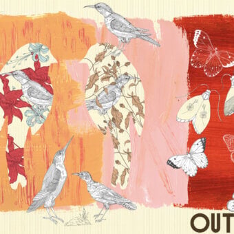 Captivating Wall&Decò In Out wallpaper with birds, butterflies, and floral silhouettes in orange, red, and gray tones with d.TW finish