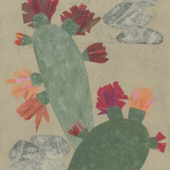 Elegant Wall&Decò Le Gardien De Mon Jardin wallpaper with sculptural cacti and pebble shapes in muted greens, reds, and greys with d.TW texture