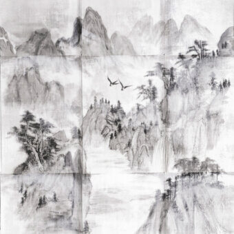 Elegant Wall&Decò Morning Mist wallpaper with grayscale mountain vista in organic bio-vinyl and d.TW fabric-effect finish
