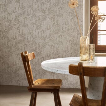 Distinguished Wall&Decò Mose wallpaper crafted with warm gray vinyl over a non-woven fabric substrate and organic wash finish