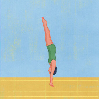 Captivating Wall&Decò Olimpia wallpaper displays a figure in handstand with blue, yellow, and green hues on d.ecodura™ with d.SW Sand finish