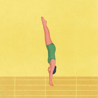 Superior Wall&Decò Olimpia wallpaper presents a figure in handstand with vibrant green swimsuit against yellow and blue hues in organic bio-vinyl with sand-like finish