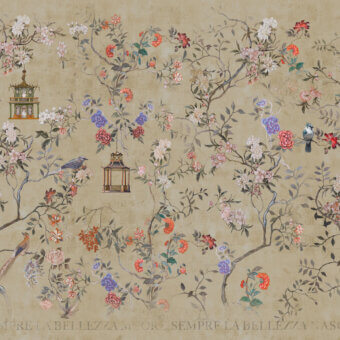 Distinguished Wall&Decò Oriental Gold wallpaper with flowering branches, birds and architectural details in beige, coral and gold tones with d.TW finish