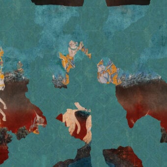 Distinguished Wall&Decò Overlap wallpaper with overlaid horses and riders in brown and ochre against teal, crafted with d.ecodura™ bio-vinyl and d.TW finish