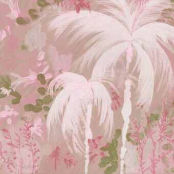 Harmonious Wall&Decò Paloma wallpaper with softly flowing palm fronds and abstract florals in muted pink with beige and olive green on d.ecodura™ with d.TW finish