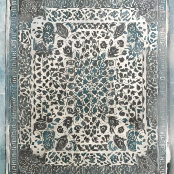 Distinguished Wall&Decò Perseo Outdoor wallpaper with baroque-inspired design in teal and gray fiberglass fabric and protective finish
