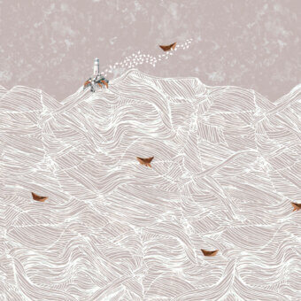 Exceptional Wall&Decò Pharos wallpaper with wave lines, paper boats, and a lighthouse in beige and brown organic bio-vinyl with fabric texture
