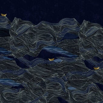 Elegant Wall&Decò Pharos wallpaper with flowing lines, delicate boats in navy and grey-blue, plus fabric-effect d.TW d.ecodura™ texture