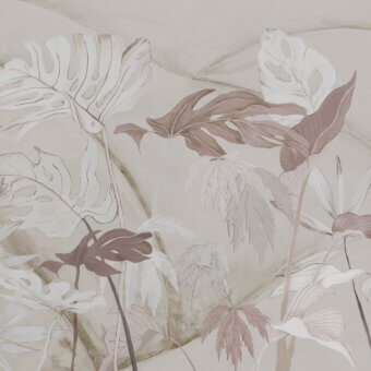 Superior Wall&Decò Platino wallpaper with delicate tropical leaves in beige, taupe, and pale rose with d.TW finish