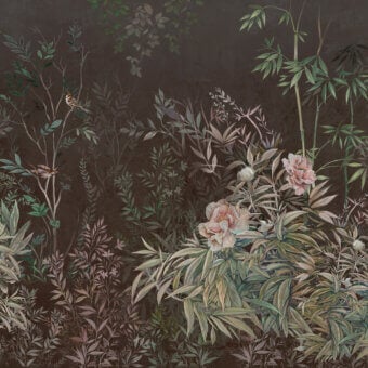 Superior Wall&Decò Princess In Black wallpaper with layered botanical scenes in gray, blush pink and gold bio-vinyl with a d.TW finish