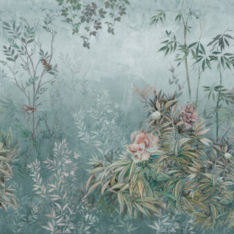 Distinguished Wall&Decò Princess In Black wallpaper with muted botanical scenes in green and teal, crafted in d.ecodura™ with a d.SW Sand finish