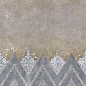 Distinguished Wall&Decò Sherazane wallpaper with muted blue-grey and beige chevron patterns plus ornate arched motifs crafted in Italy