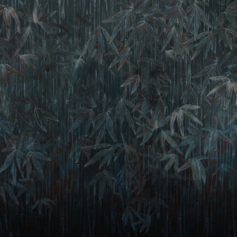 Superior Wall&Decò Standing On wallpaper evokes a tranquil bamboo forest with muted teal and olive green hues in a matte finish